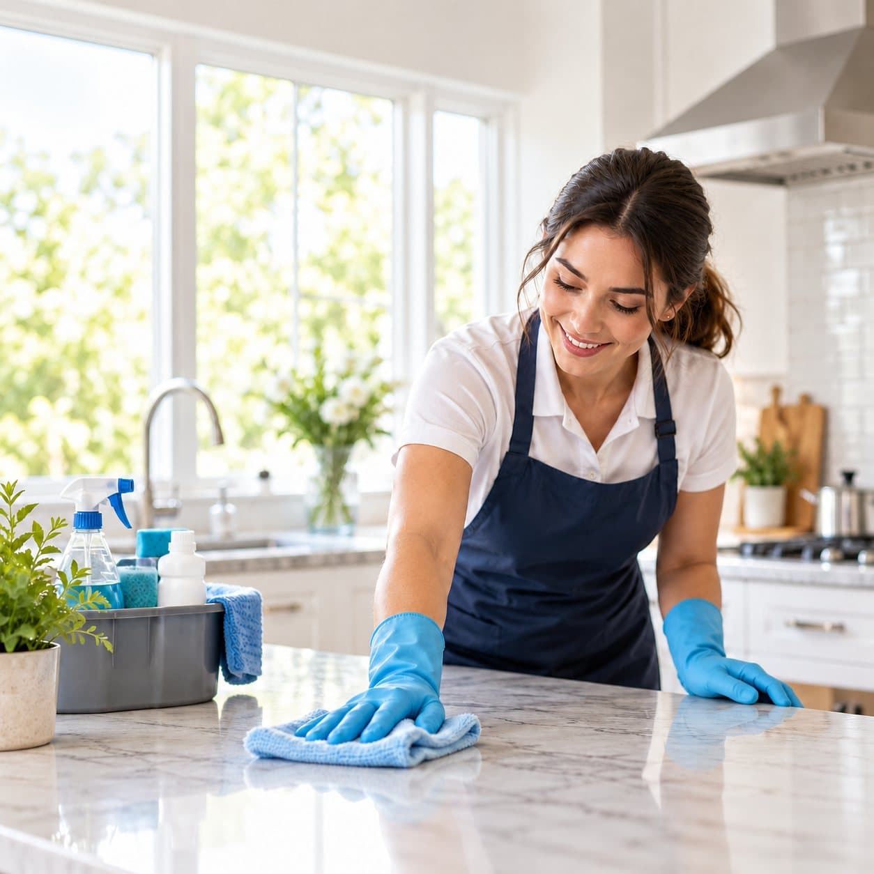 A cleaner in blue gloves wiping a white marble kitchen counter